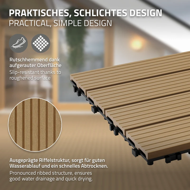 WPC Terrassenfliesen 60x30 cm 18er Set für 3m² Teak in Holzoptik mit Drainage und Klicksystem