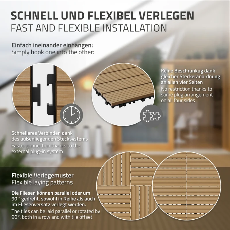 WPC Terrassenfliesen 60x30 cm 18er Set für 3m² Teak in Holzoptik mit Drainage und Klicksystem