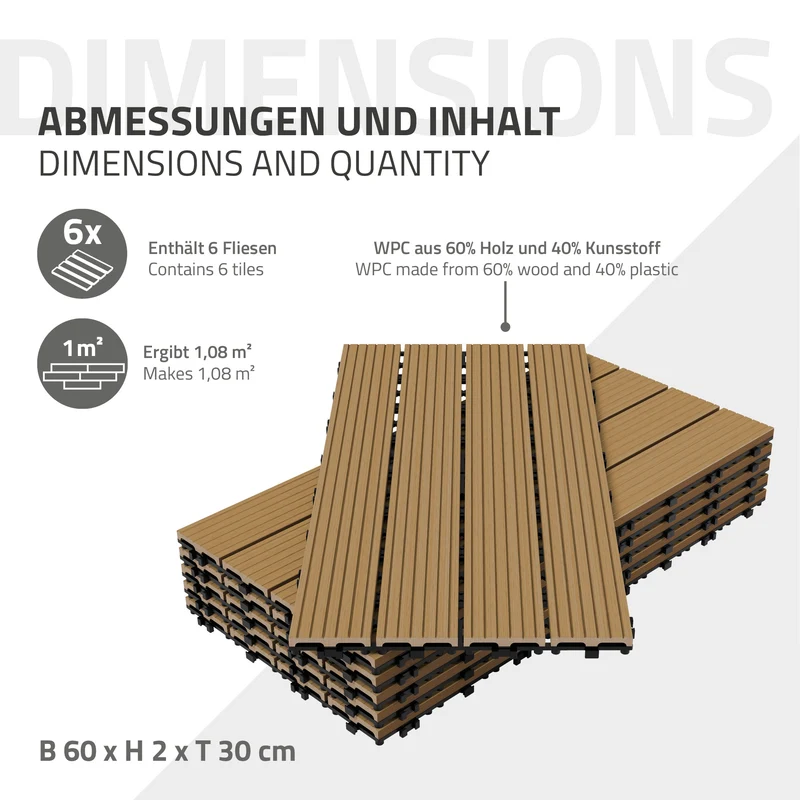 WPC Terrassenfliesen 60x30 cm 18er Set für 3m² Teak in Holzoptik mit Drainage und Klicksystem