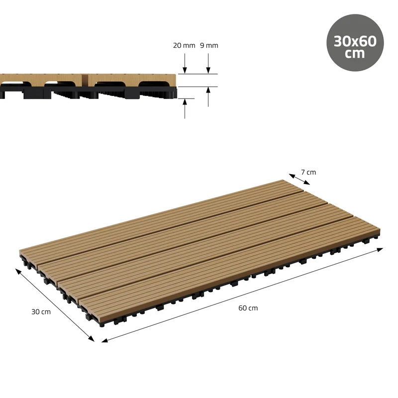 WPC Terrassenfliesen 60x30 cm 18er Set für 3m² Teak in Holzoptik mit Drainage und Klicksystem