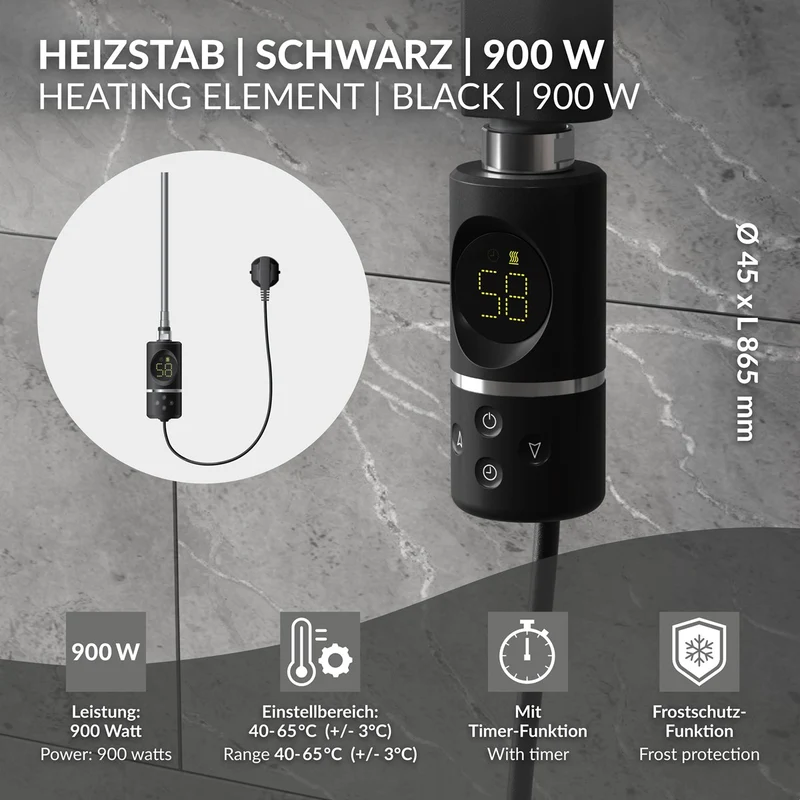 Heizstab 900W Schwarz mit Thermostat und LCD Bildschirm LuxeBath