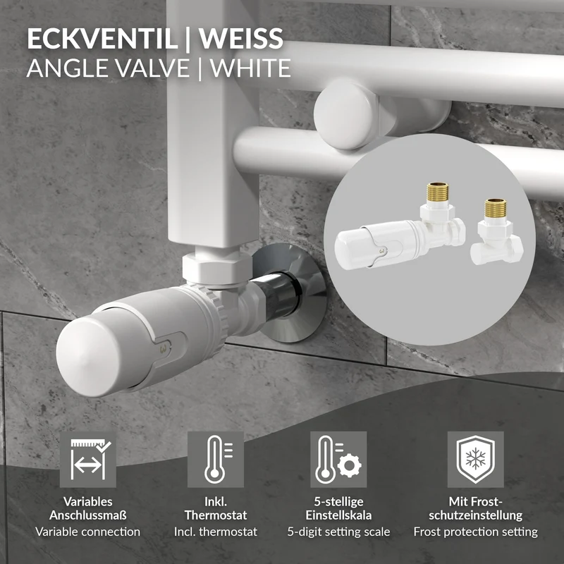Badheizkörper 600x1200 mm Weiß gerade, Seitenanschluss, mit integriertem Thermostatventil LuxeBath