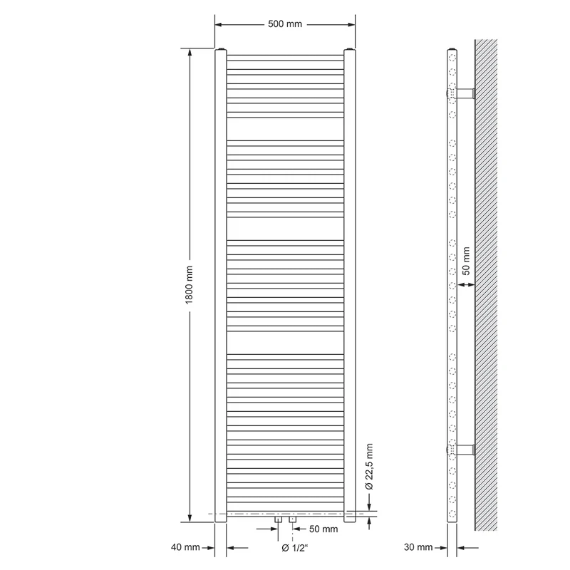 Badheizkörper Mittelanschluss 500x1800 mm Weiß gerade inkl. Montagematerial LuxeBath