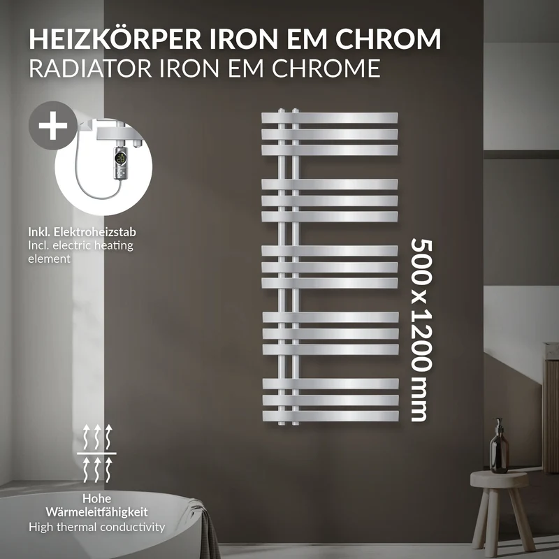 Badheizkörper Mittelanschluss 500x1200 mm Chrom mit Heizstab 1200W LuxeBath