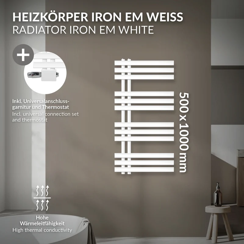 Badheizkörper Mittelanschluss 500x1000 mm Weiß mit Universale Anschlussgarnitur LuxeBath