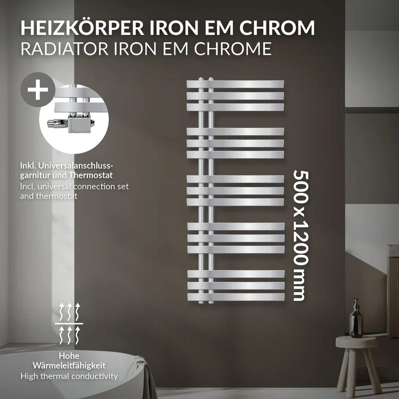 Badheizkörper Mittelanschluss 500x1200 mm Chrome mit Universal Anschlussgarnitur LuxeBath