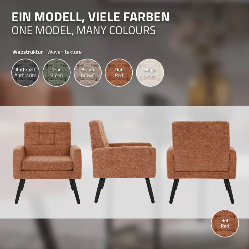 ML-DESIGN | Sessel mit Armlehnen 66,5x80x63,5 cm Stahlgestell/Webstruktur Rot Relaxsessel Lesesessel Polstersessel Fernsehsessel für Wohnzimmer