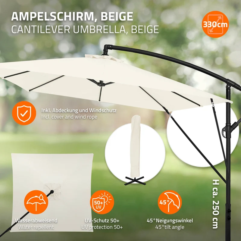 B-Ware Ampelschirm Ø 330 cm Beige 360° Alu Rechteckig Sonnenschirm mit Kurbel, Abdeckung & Ständer ML-Design