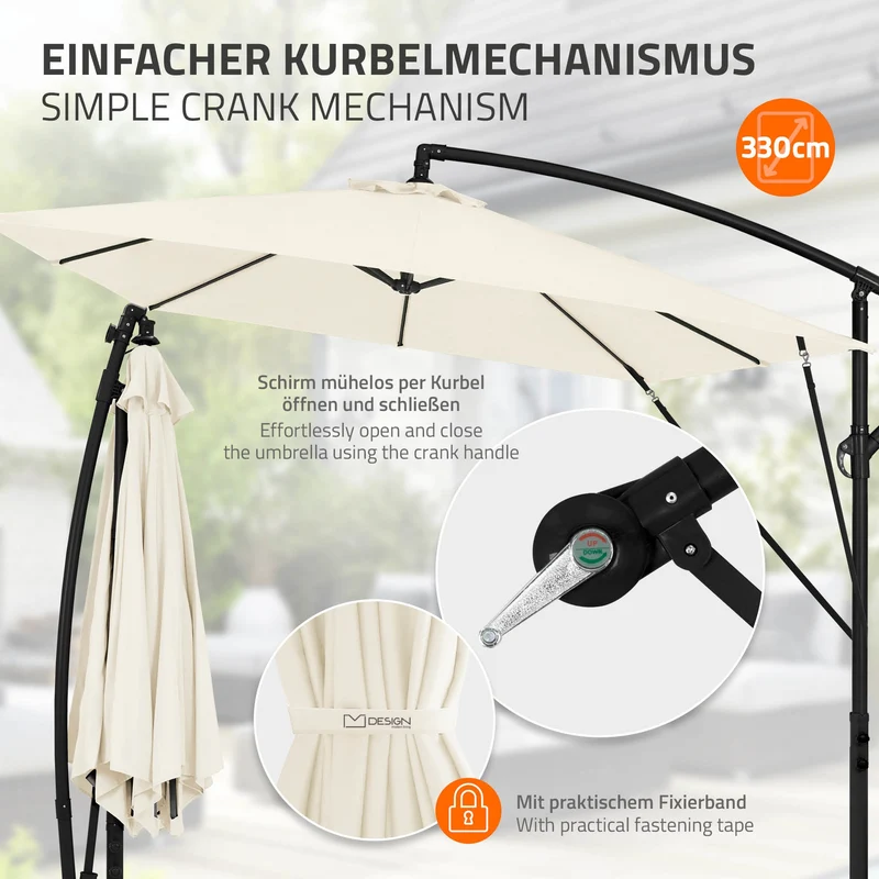 B-Ware Ampelschirm Ø 330 cm Beige 360° Alu Rechteckig Sonnenschirm mit Kurbel, Abdeckung & Ständer ML-Design