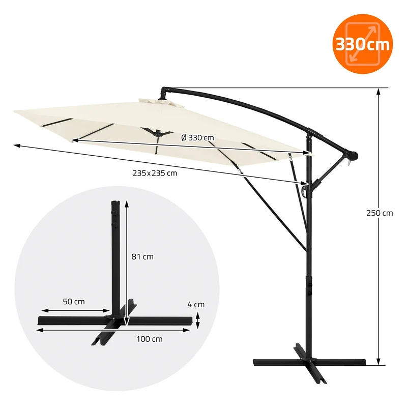 B-Ware Ampelschirm Ø 330 cm Beige 360° Alu Rechteckig Sonnenschirm mit Kurbel, Abdeckung & Ständer ML-Design