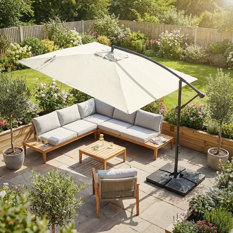 B-Ware Ampelschirm Ø 330 cm Beige 360° Alu Rechteckig Sonnenschirm mit Kurbel, Abdeckung & Ständer ML-Design
