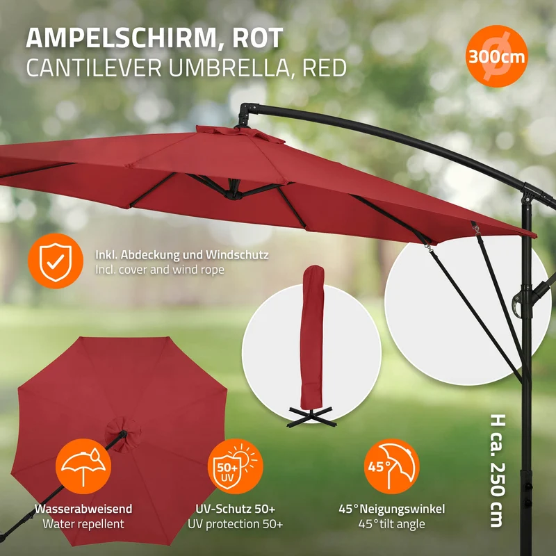 B-Ware Ampelschirm Ø 300 cm Rot 360° Alu Sonnenschirm mit Kurbel, Abdeckung & Ständer ML-Design