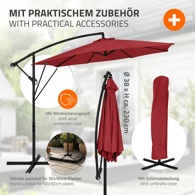 B-Ware Ampelschirm Ø 300 cm Rot 360° Alu Sonnenschirm mit Kurbel, Abdeckung & Ständer ML-Design