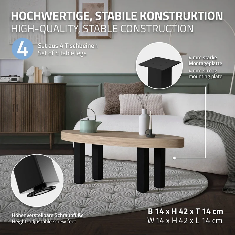 B-Ware 4er Set Tischbeine I-Design 42 cm Schwarz Tischgestell aus pulverbeschichteter Stahl, Profil 8x8 cm, höhenverstellbare Möbelfüße ML-Design