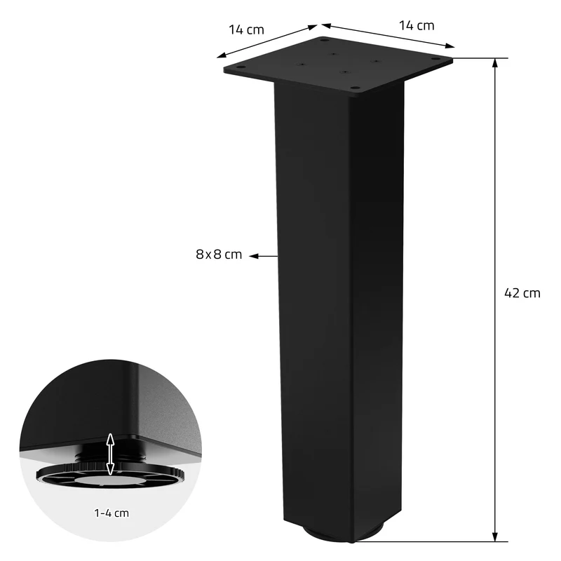 B-Ware 4er Set Tischbeine I-Design 42 cm Schwarz Tischgestell aus pulverbeschichteter Stahl, Profil 8x8 cm, höhenverstellbare Möbelfüße ML-Design
