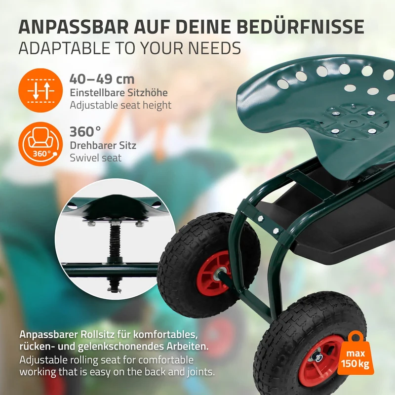 Gartenrollsitz 360° drehbar und höhenverstellbar, Rollsitz aus Stahl mit Ablagefläche & breite Reifen bis 150 kg