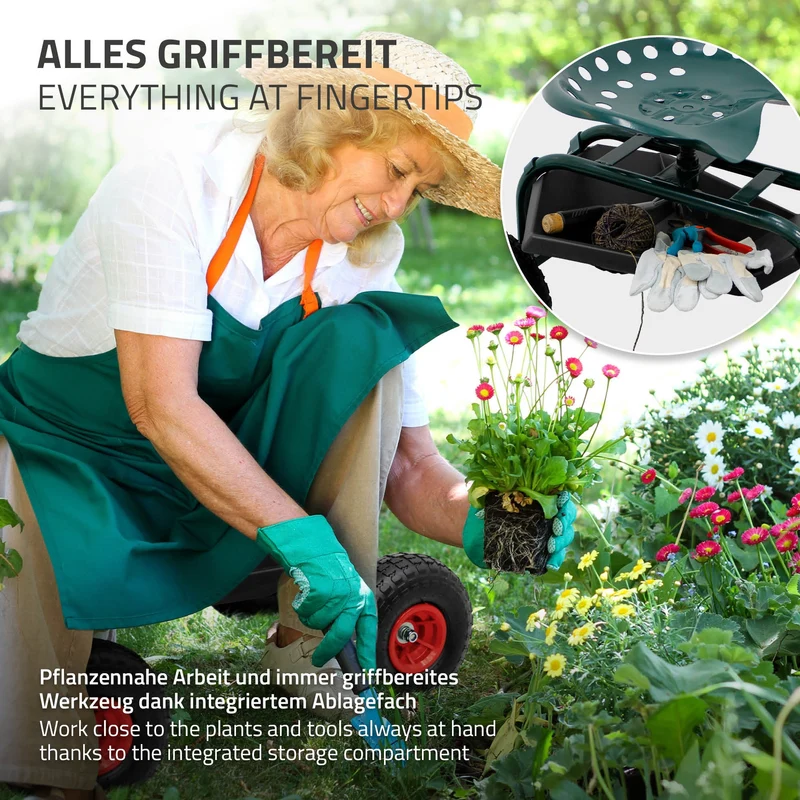 Gartenrollsitz 360° drehbar und höhenverstellbar, Rollsitz aus Stahl mit Ablagefläche & breite Reifen bis 150 kg