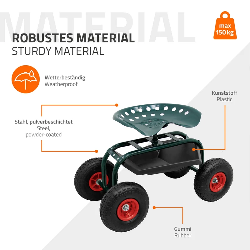 Gartenrollsitz 360° drehbar und höhenverstellbar, Rollsitz aus Stahl mit Ablagefläche & breite Reifen bis 150 kg