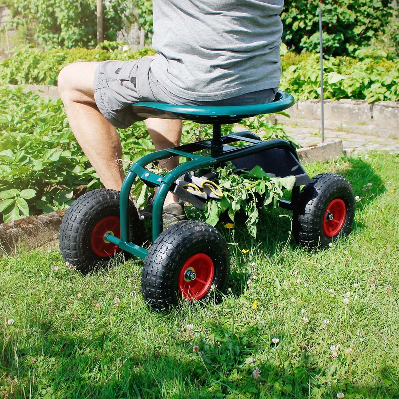 Gartenrollsitz 360° drehbar und höhenverstellbar, Rollsitz aus Stahl mit Ablagefläche & breite Reifen bis 150 kg