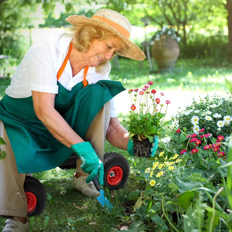 Gartenrollsitz 360° drehbar und höhenverstellbar, Rollsitz aus Stahl mit Ablagefläche & breite Reifen bis 150 kg