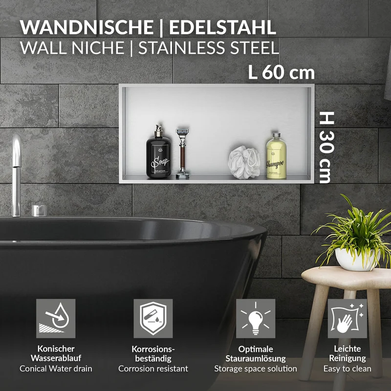 B-Ware Duschnische 60x30 cm Silber aus Edelstahl Wandnische Duschablage LuxeBath