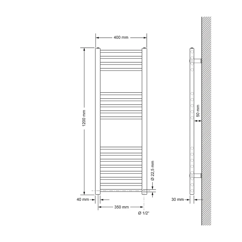 Badheizkörper Sahara 400x1200 mm Chrome gerade mit Seitenanschluss LuxeBath