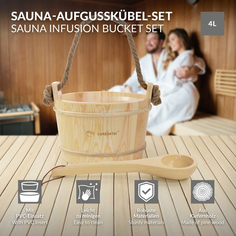2-teilig Saunazubehör-Set aus massivem Kiefernholz, 4L Aufgusskübel mit Kunststoffeinsatz & Schöpfkelle LuxeBath
