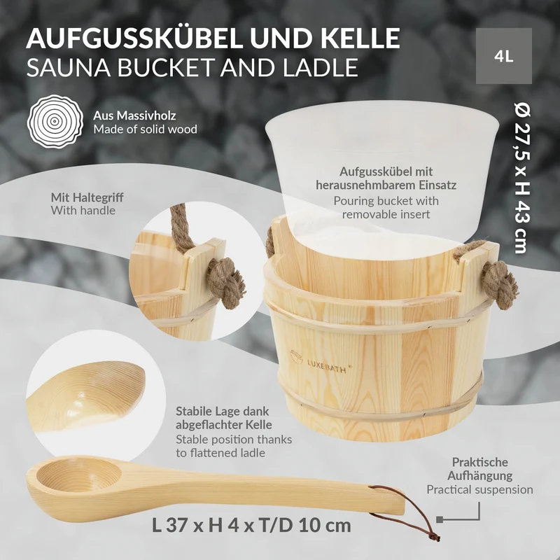 2-teilig Saunazubehör-Set aus massivem Kiefernholz, 4L Aufgusskübel mit Kunststoffeinsatz & Schöpfkelle LuxeBath