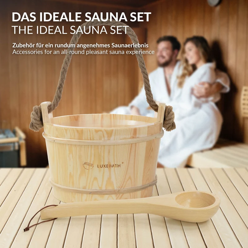 2-teilig Saunazubehör-Set aus massivem Kiefernholz, 4L Aufgusskübel mit Kunststoffeinsatz & Schöpfkelle LuxeBath
