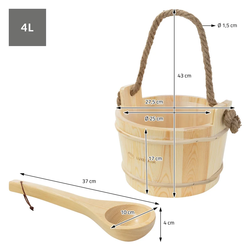 2-teilig Saunazubehör-Set aus massivem Kiefernholz, 4L Aufgusskübel mit Kunststoffeinsatz & Schöpfkelle LuxeBath