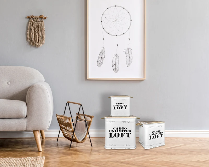 Set 3 Contenitori Grandi In Acciaio Cargo Unlimited Loft Pouf Sgabello Coperchio In Legno Vintage Sgabelli Militari Contenitore Metallo
