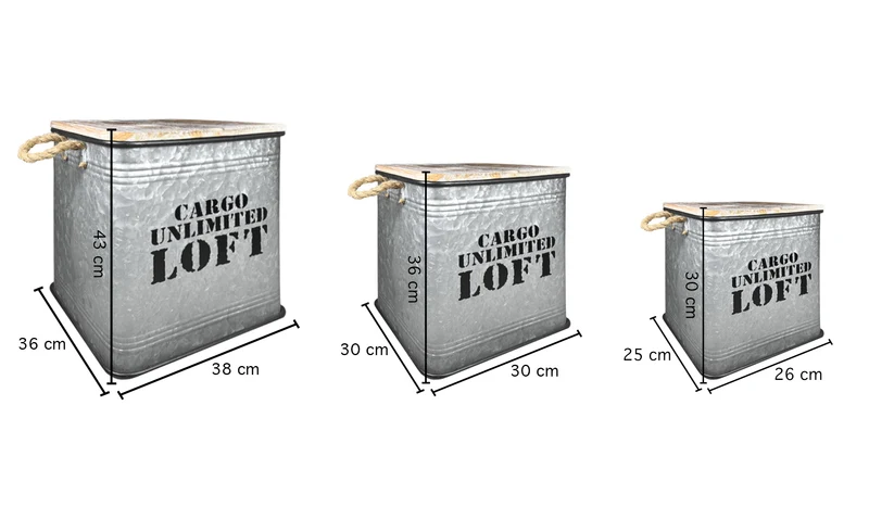 Set 3 Contenitori Grandi In Acciaio Cargo Unlimited Loft Pouf Sgabello Coperchio In Legno Vintage Sgabelli Militari Contenitore Metallo