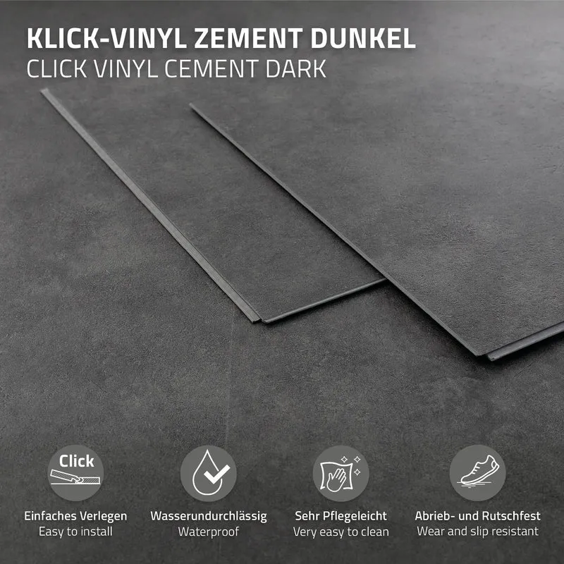ML-DESIGN | Vinylboden Klick 40 Stück Klicksystem mit Belastungsklasse 34, 61 x 30,5 cm x 4,2 mm 7,44m² PVC Grau Zement Dunkel Bodenbelag Betonoptik