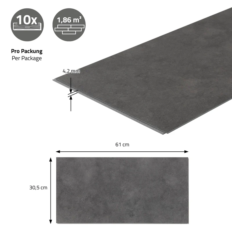 ML-DESIGN | Vinylboden Klick 40 Stück Klicksystem mit Belastungsklasse 34, 61 x 30,5 cm x 4,2 mm 7,44m² PVC Grau Zement Dunkel Bodenbelag Betonoptik