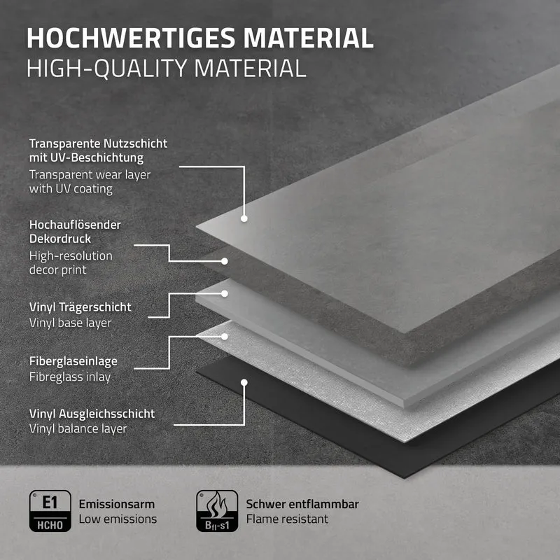 ML-DESIGN | Vinylboden Klick 50 Stück Klicksystem mit Belastungsklasse 34, 61 x 30,5 cm x 4,2 mm 9,3m² PVC Grau Zement Dunkel Bodenbelag Betonoptik