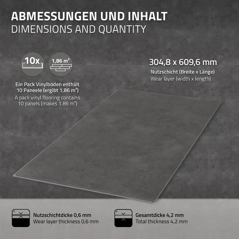 ML-DESIGN | Vinylboden Klick 20 Stück Klicksystem mit Belastungsklasse 34, 61 x 30,5 cm x 4,2 mm 3,72m² PVC Grau Zement Dunkel Bodenbelag Betonoptik