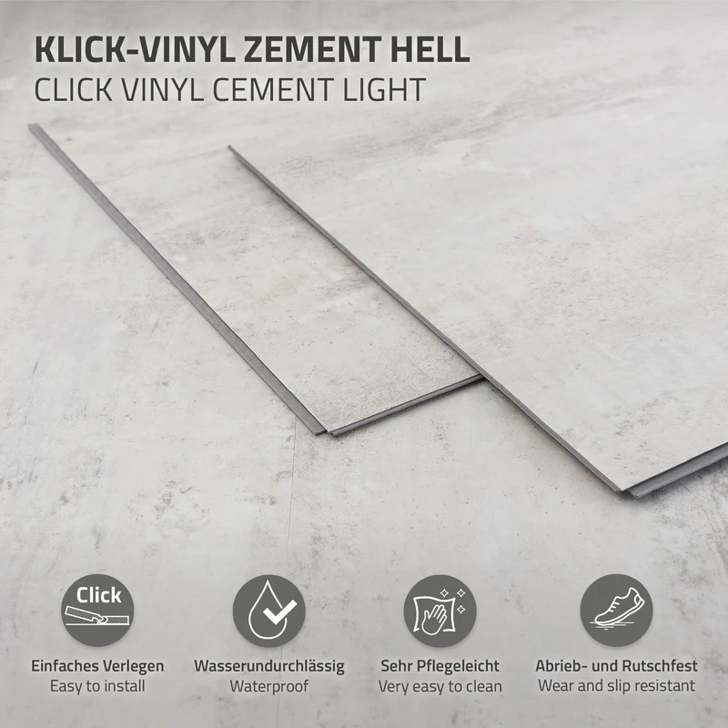 ML-DESIGN | Vinylboden Klick 10 Stück Klicksystem mit Belastungsklasse 34, 61 x 30,5 cm x 4,2 mm 1,86m² PVC Grau Zement Hell Bodenbelag Betonoptik