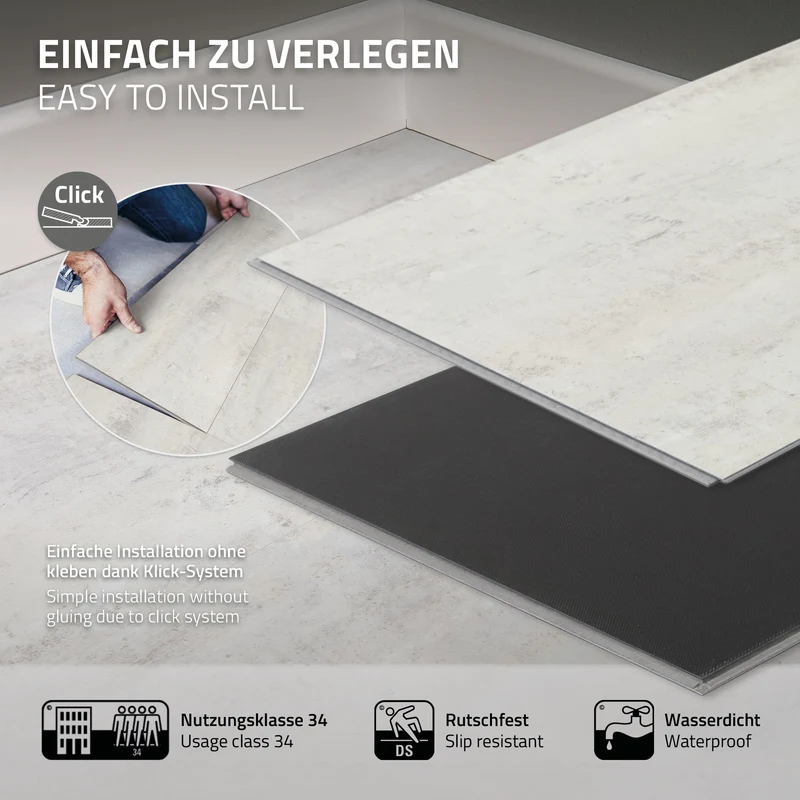 ML-DESIGN | Vinylboden Klick 10 Stück Klicksystem mit Belastungsklasse 34, 61 x 30,5 cm x 4,2 mm 1,86m² PVC Grau Zement Hell Bodenbelag Betonoptik