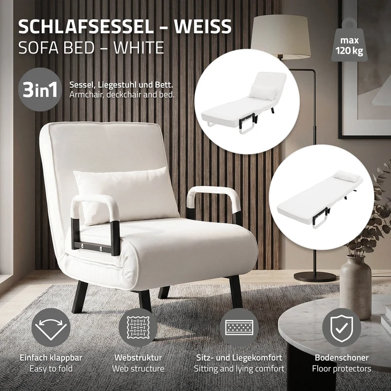 ML-DESIGN | Schlafsessel mit Bettfunktion 186x60 cm aus Stahl/Chenille Weiß Sessel mit Schlaffunktion klappbar Bettsessel Klappsessel Schlafsofa