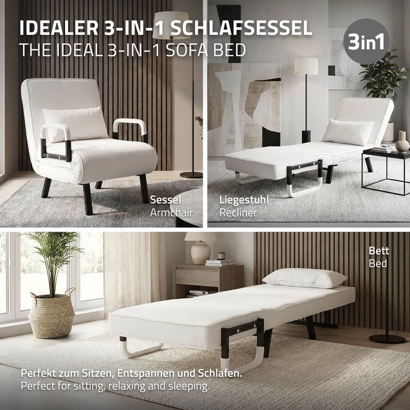 ML-DESIGN | Schlafsessel mit Bettfunktion 186x60 cm aus Stahl/Chenille Weiß Sessel mit Schlaffunktion klappbar Bettsessel Klappsessel Schlafsofa
