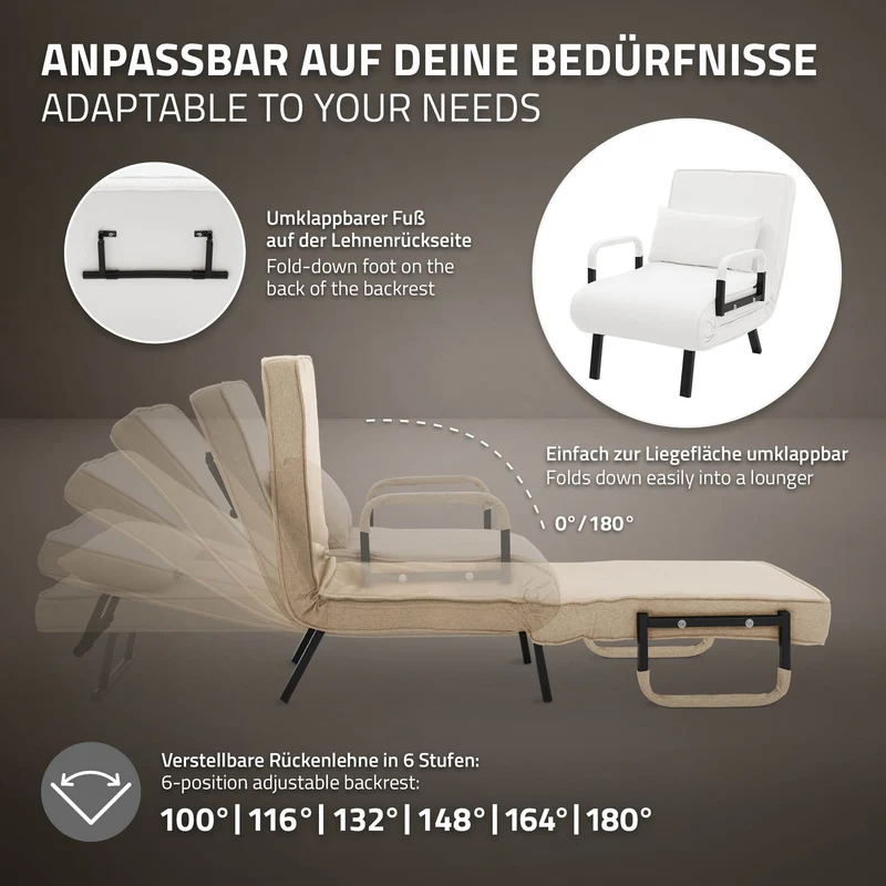 ML-DESIGN | Schlafsessel mit Bettfunktion 186x60 cm aus Stahl/Chenille Weiß Sessel mit Schlaffunktion klappbar Bettsessel Klappsessel Schlafsofa