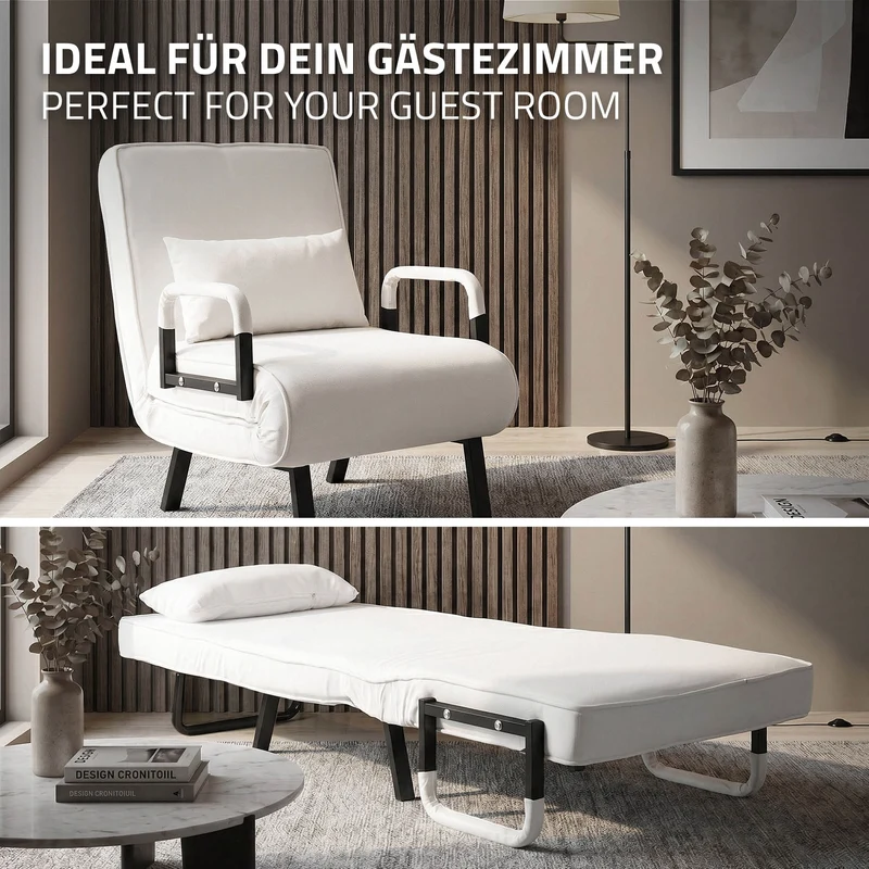 ML-DESIGN | Schlafsessel mit Bettfunktion 186x60 cm aus Stahl/Chenille Weiß Sessel mit Schlaffunktion klappbar Bettsessel Klappsessel Schlafsofa