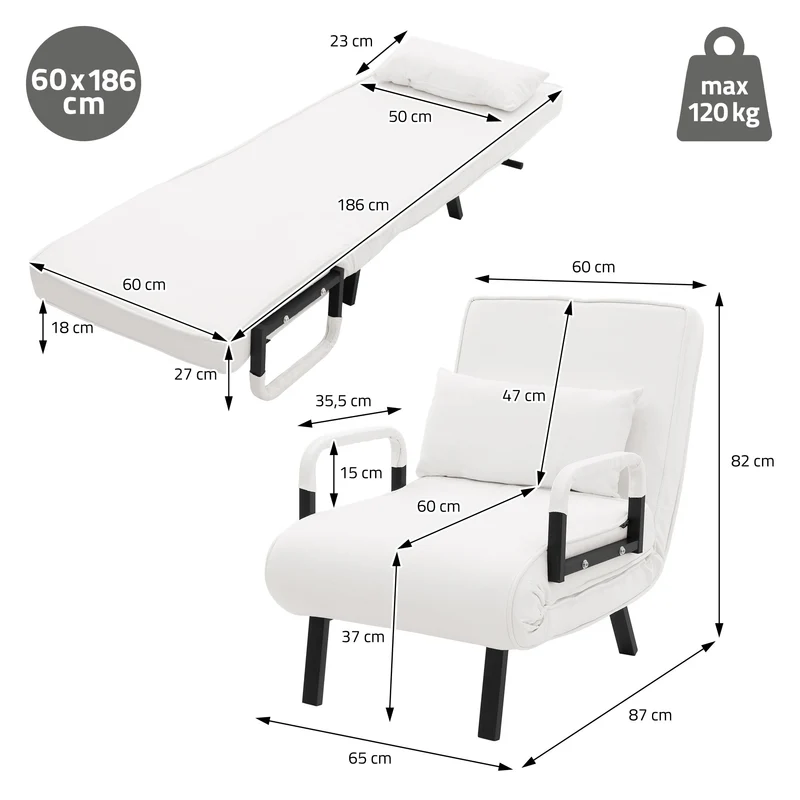 ML-DESIGN | Schlafsessel mit Bettfunktion 186x60 cm aus Stahl/Chenille Weiß Sessel mit Schlaffunktion klappbar Bettsessel Klappsessel Schlafsofa
