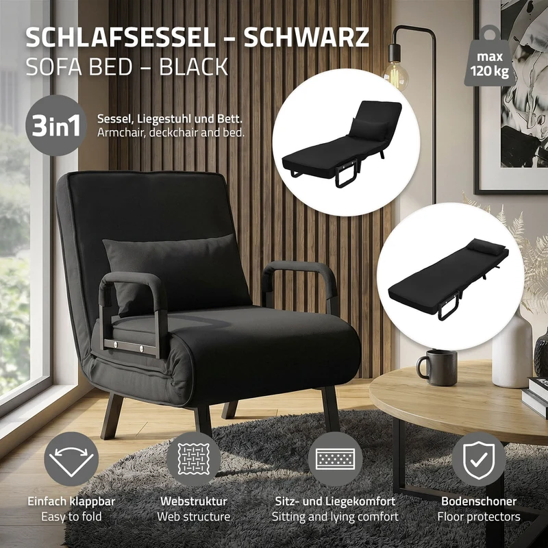 ML-DESIGN | Schlafsessel mit Bettfunktion 186x60 cm aus Stahl/Chenille Schwarz Sessel mit Schlaffunktion klappbar Bettsessel Klappsessel Schlafsofa