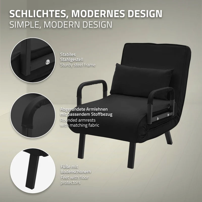 ML-DESIGN | Schlafsessel mit Bettfunktion 186x60 cm aus Stahl/Chenille Schwarz Sessel mit Schlaffunktion klappbar Bettsessel Klappsessel Schlafsofa