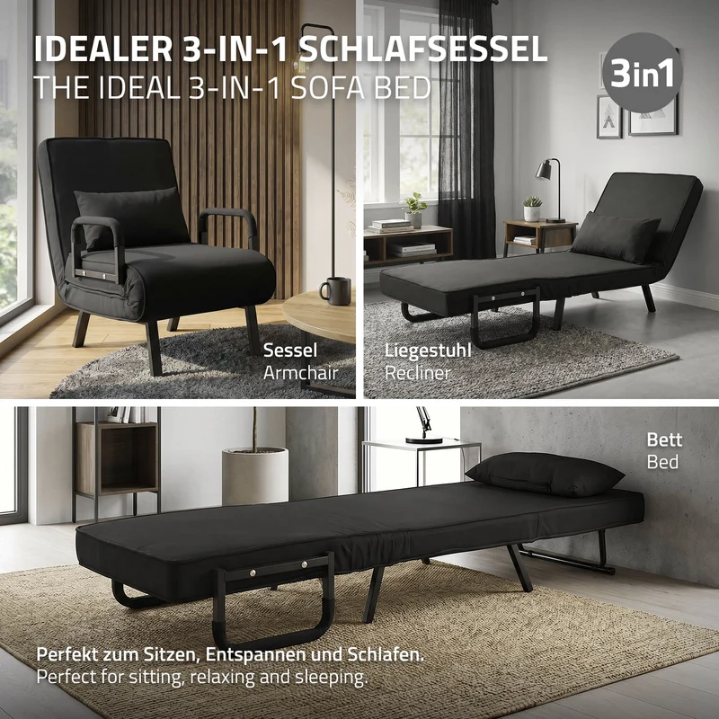 ML-DESIGN | Schlafsessel mit Bettfunktion 186x60 cm aus Stahl/Chenille Schwarz Sessel mit Schlaffunktion klappbar Bettsessel Klappsessel Schlafsofa