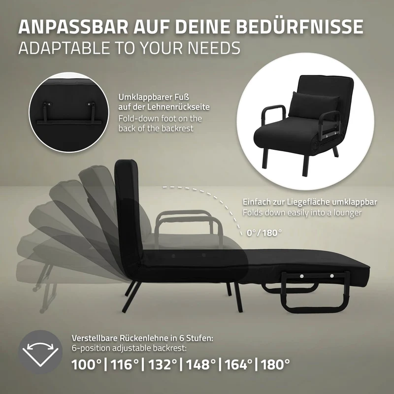 ML-DESIGN | Schlafsessel mit Bettfunktion 186x60 cm aus Stahl/Chenille Schwarz Sessel mit Schlaffunktion klappbar Bettsessel Klappsessel Schlafsofa