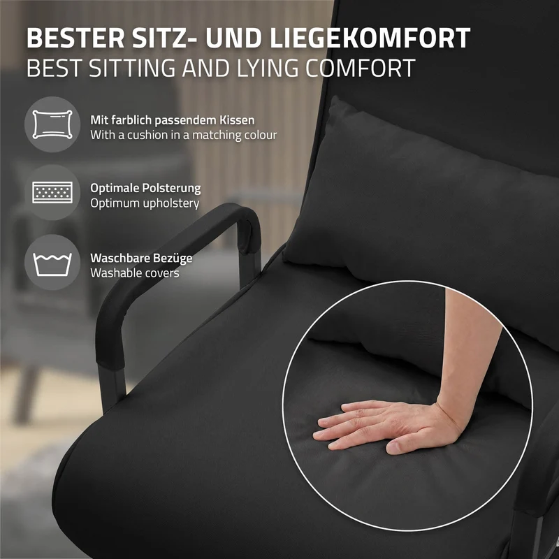 ML-DESIGN | Schlafsessel mit Bettfunktion 186x60 cm aus Stahl/Chenille Schwarz Sessel mit Schlaffunktion klappbar Bettsessel Klappsessel Schlafsofa