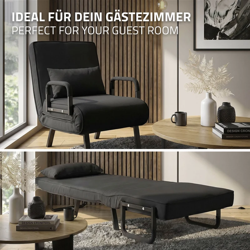 ML-DESIGN | Schlafsessel mit Bettfunktion 186x60 cm aus Stahl/Chenille Schwarz Sessel mit Schlaffunktion klappbar Bettsessel Klappsessel Schlafsofa