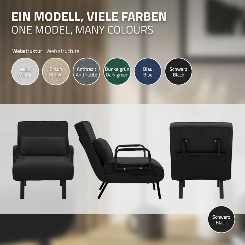 ML-DESIGN | Schlafsessel mit Bettfunktion 186x60 cm aus Stahl/Chenille Schwarz Sessel mit Schlaffunktion klappbar Bettsessel Klappsessel Schlafsofa